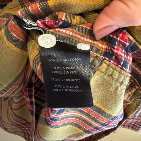 Obey Shirt Mens Small Plaid Button Down Fall Autumn Long Sleeve Brown Red Black - Picture 8 of 9